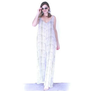 Elan Relaxed Summer Hatched Jumpsuit Sz Large Ivory Print Wide Leg Side Pockets